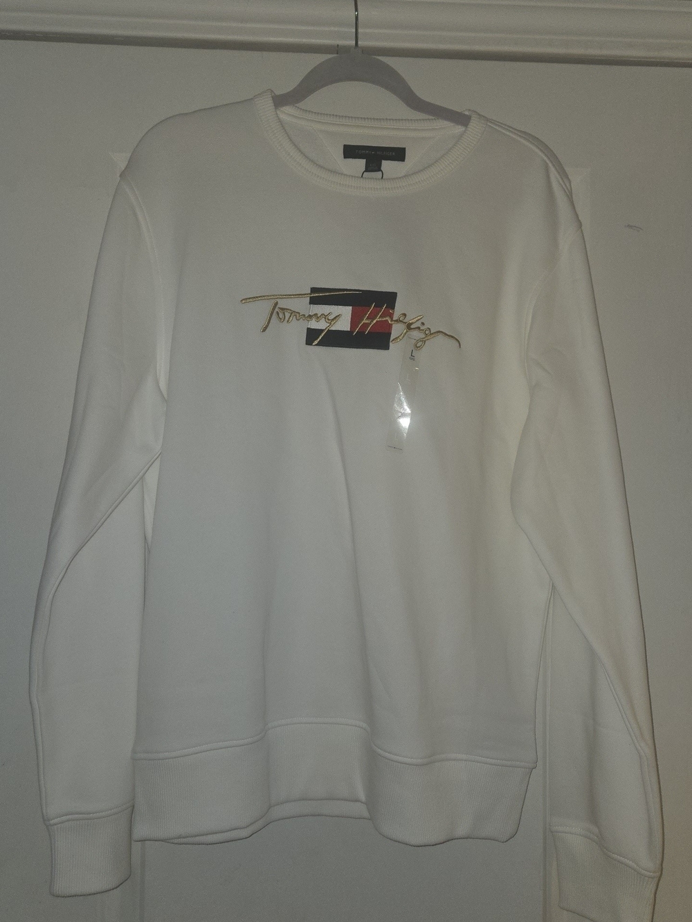 Tommy Hilfiger White Crewneck Sweater with Gold Script Logo and Flag